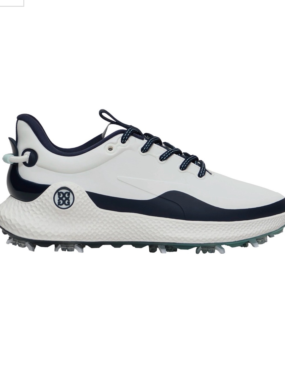 G/FORE White and Navy Performance Golf Shoes. Spiked.